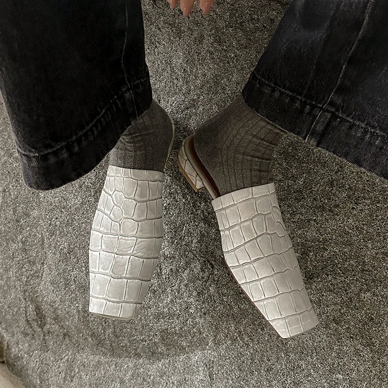 Duttini | Leather Croc-Embossed Low Heel Mules