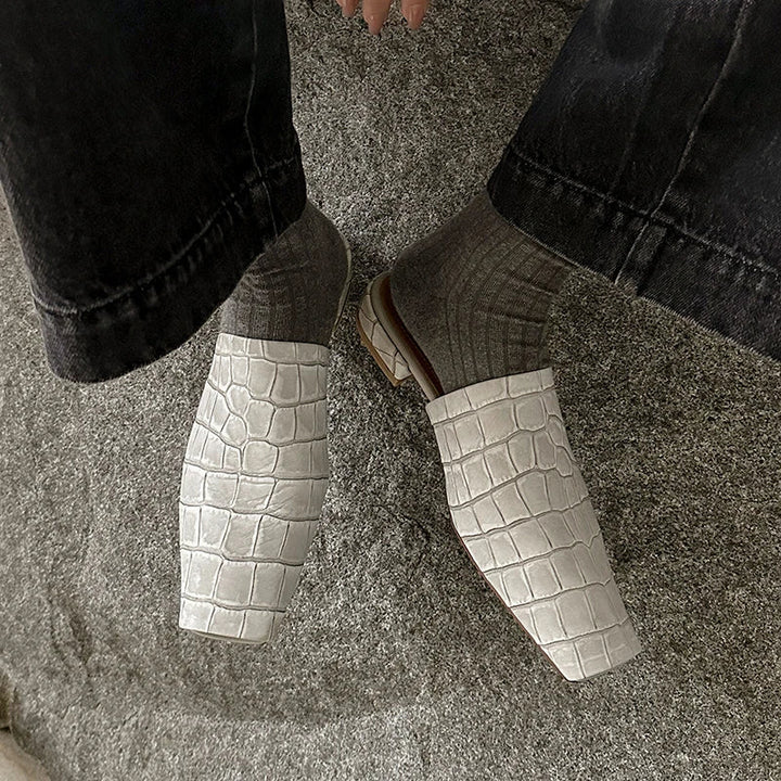 Duttini | Leather Croc-Embossed Low Heel Mules