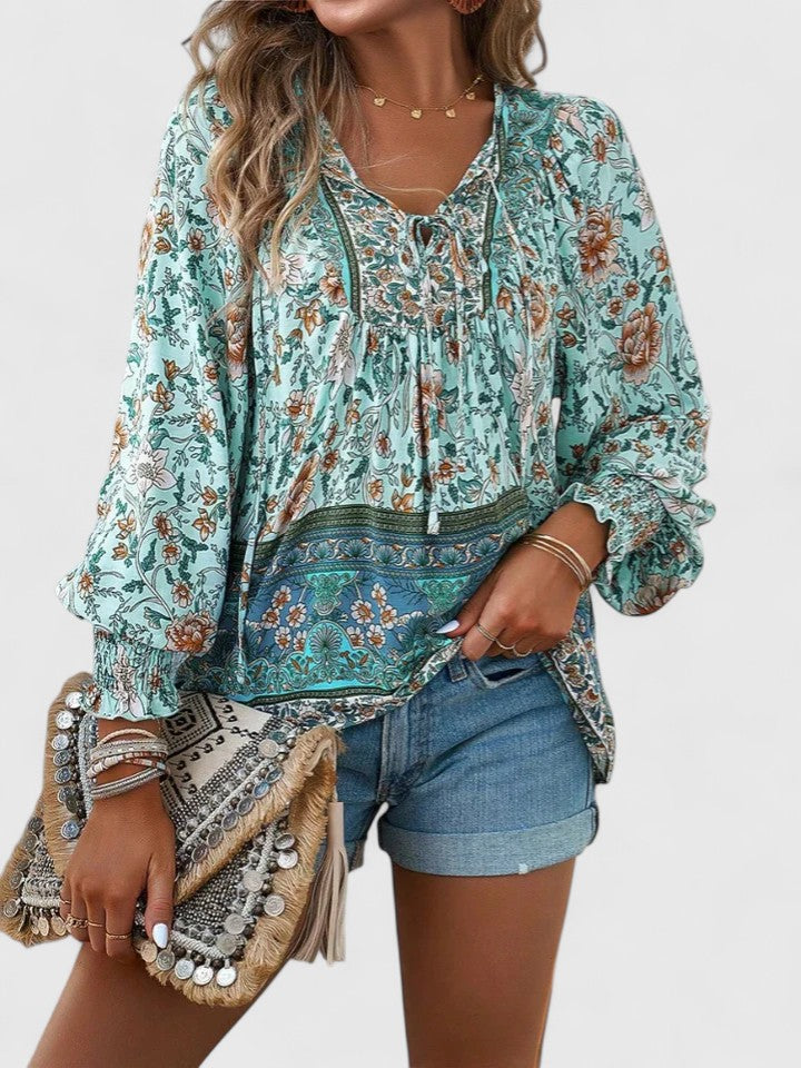 Duttini | Graceful Floral Boho Blouse V-Neck Puff Sleeve Top