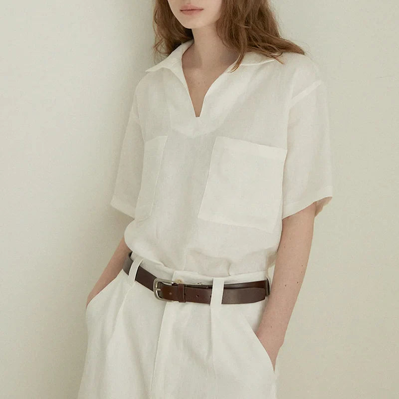 Duttini | Linen Polo Top for Women in Easy Fit, White