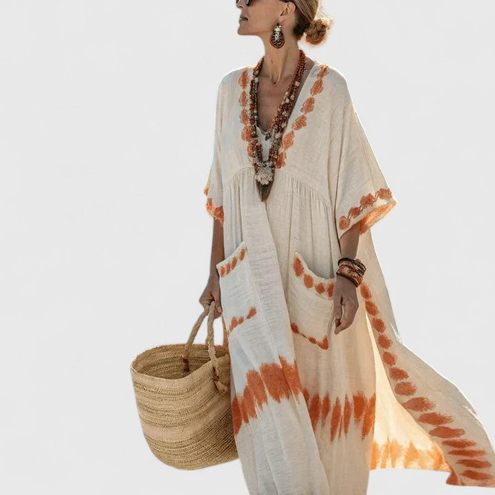 Duttini | Elegant V-Neck Striped Linen Maxi Dress With Pockets