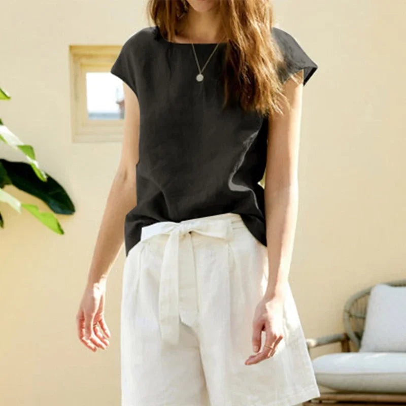 Duttini | Linen Tee for Women with Petal Sleeves in White