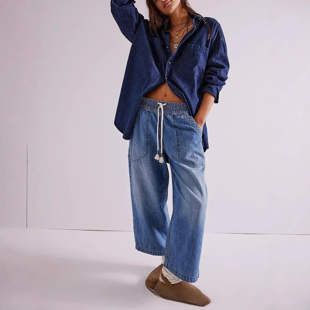 Duttini | Weekender Drawstring Jeans for Women in Blue Denim