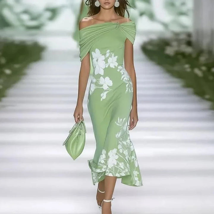 Duttini | Romantic Fitted Off-Shoulder Mermaid Midi Dress With Draped Neckline And Floral Pattern