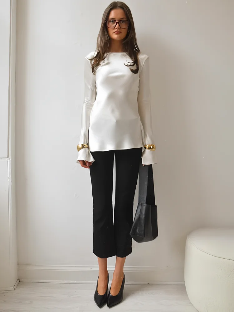 Duttini | Satin Long Sleeve Bell Cuff Top for Women in Elegant Style