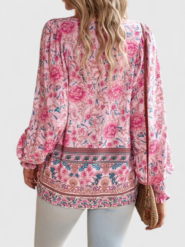 Duttini | Graceful Floral Boho Blouse V-Neck Puff Sleeve Top