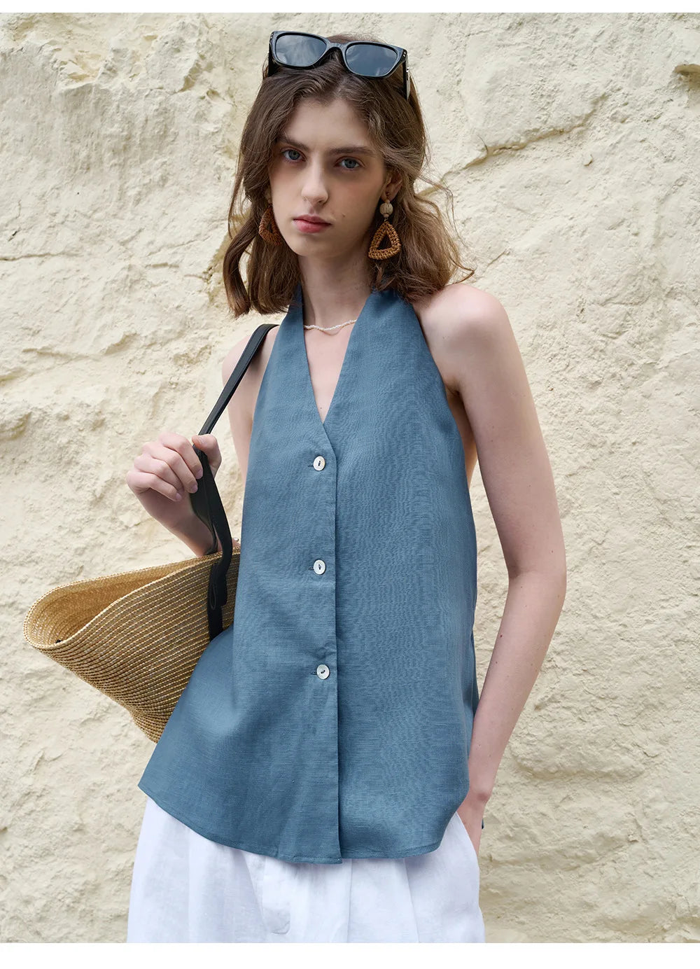 Duttini | Linen Halter Waistcoat Top for Women