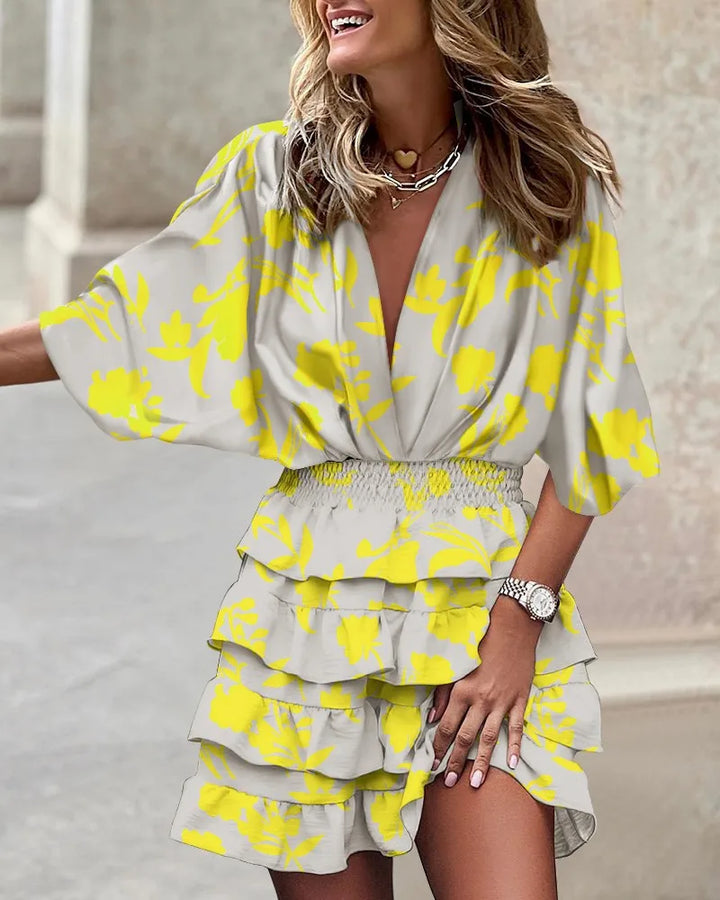 Duttini | Chic Printed Ruffle Mini Dress V-Neck Smocked Waist Boho Dress