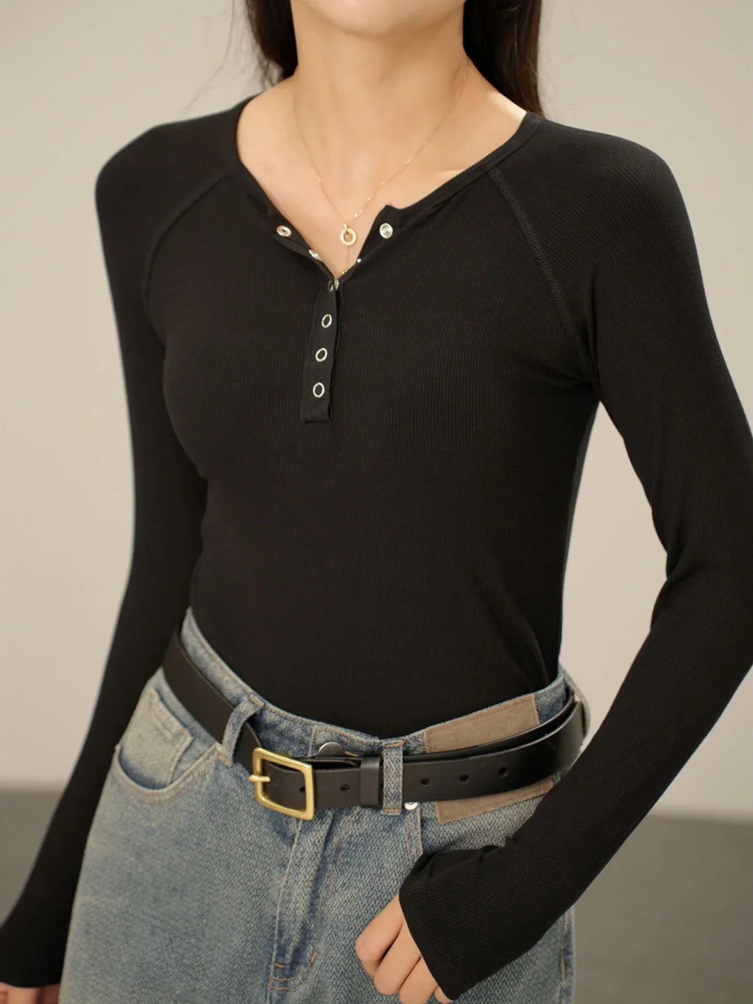 Duttini | Pop-Button Top for Women in Cotton Blend, Fitted, Black