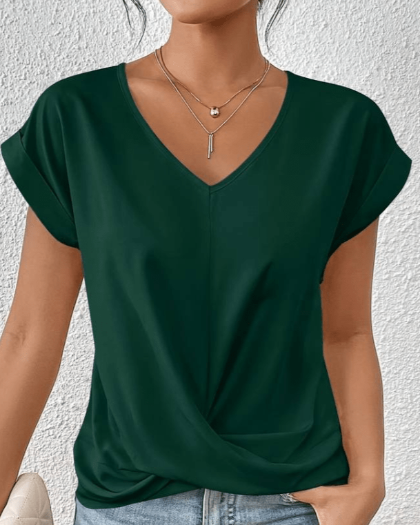 Duttini | Flowing V-Neck Twist Front Short Sleeve Top