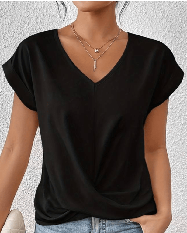 Duttini | Flowing V-Neck Twist Front Short Sleeve Top