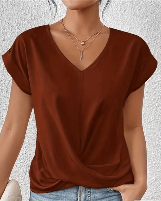 Duttini | Flowing V-Neck Twist Front Short Sleeve Top