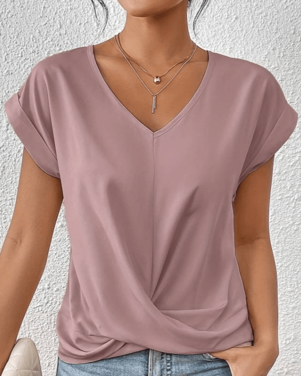 Duttini | Flowing V-Neck Twist Front Short Sleeve Top