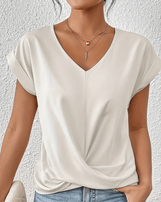 Duttini | Flowing V-Neck Twist Front Short Sleeve Top