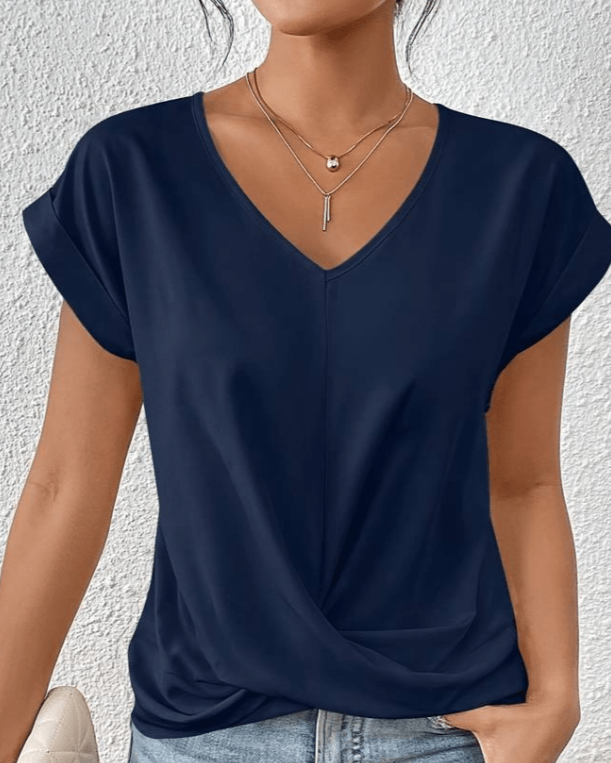 Duttini | Flowing V-Neck Twist Front Short Sleeve Top