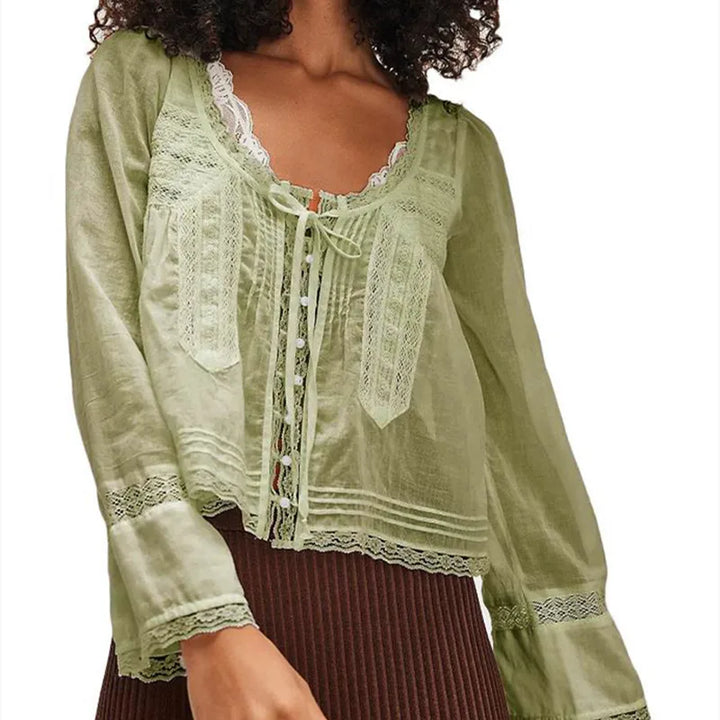 Duttini | Lace Trim Tie-Front Blouse for Women