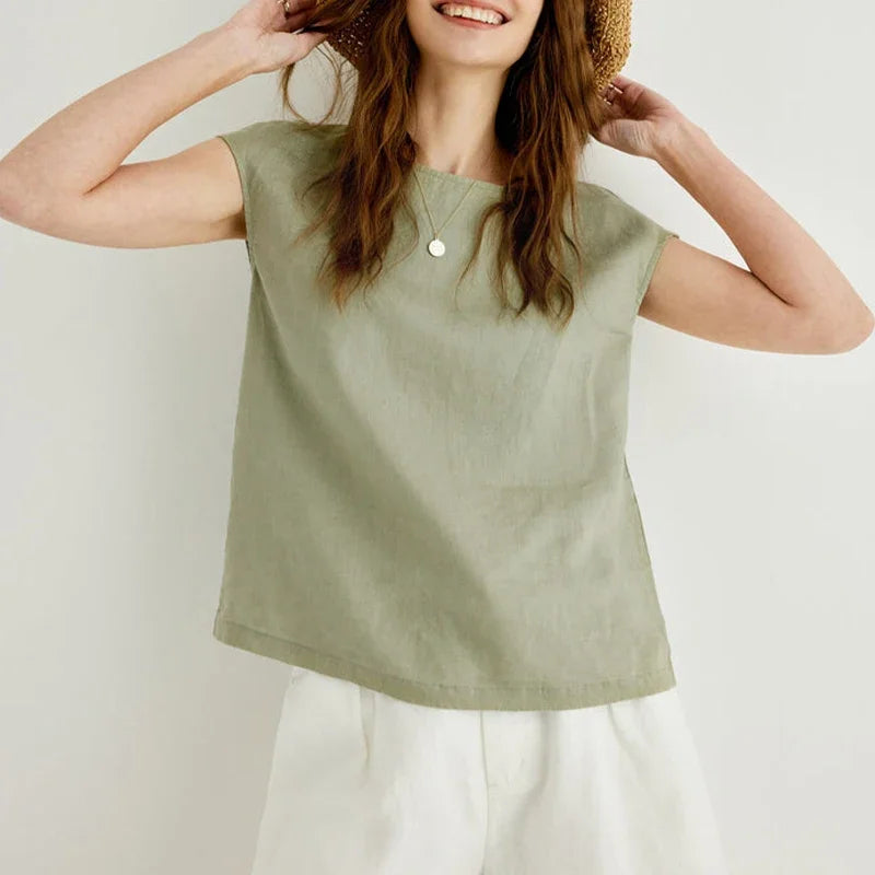 Duttini | Linen Tee for Women with Petal Sleeves in White