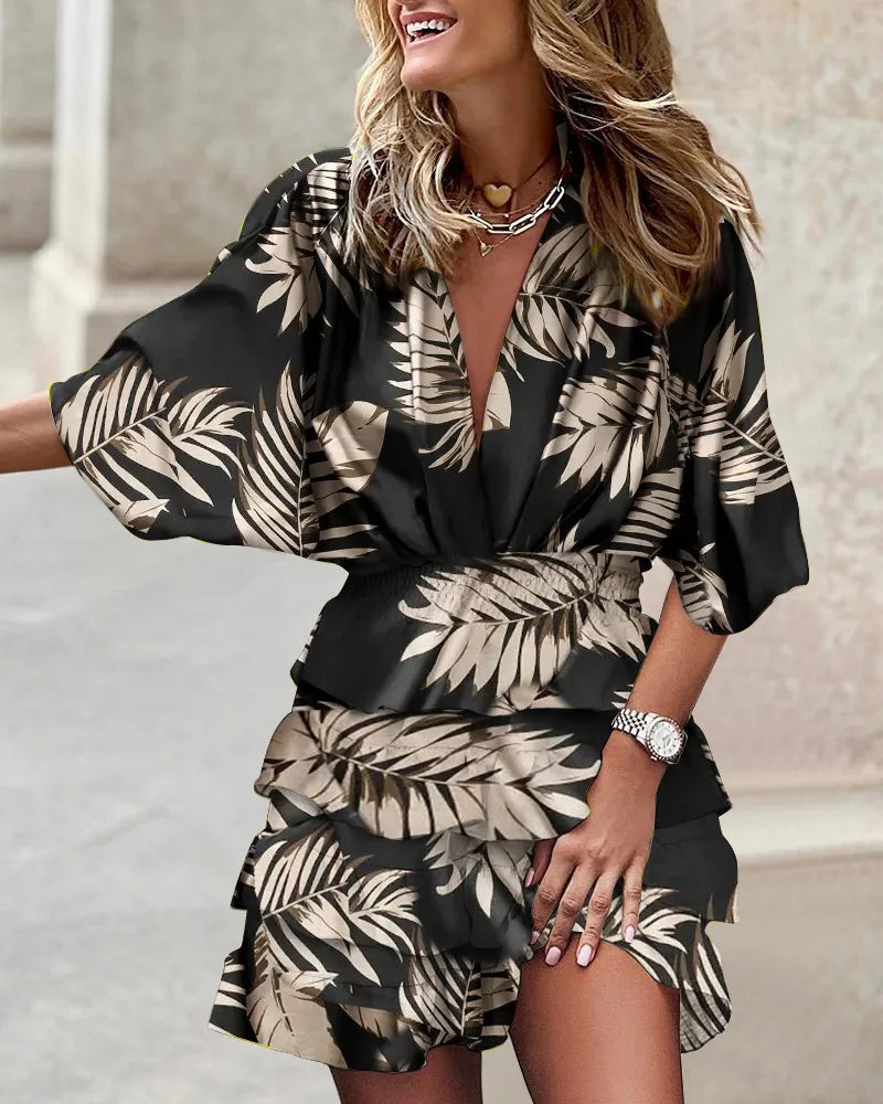 Duttini | Chic Printed Ruffle Mini Dress V-Neck Smocked Waist Boho Dress
