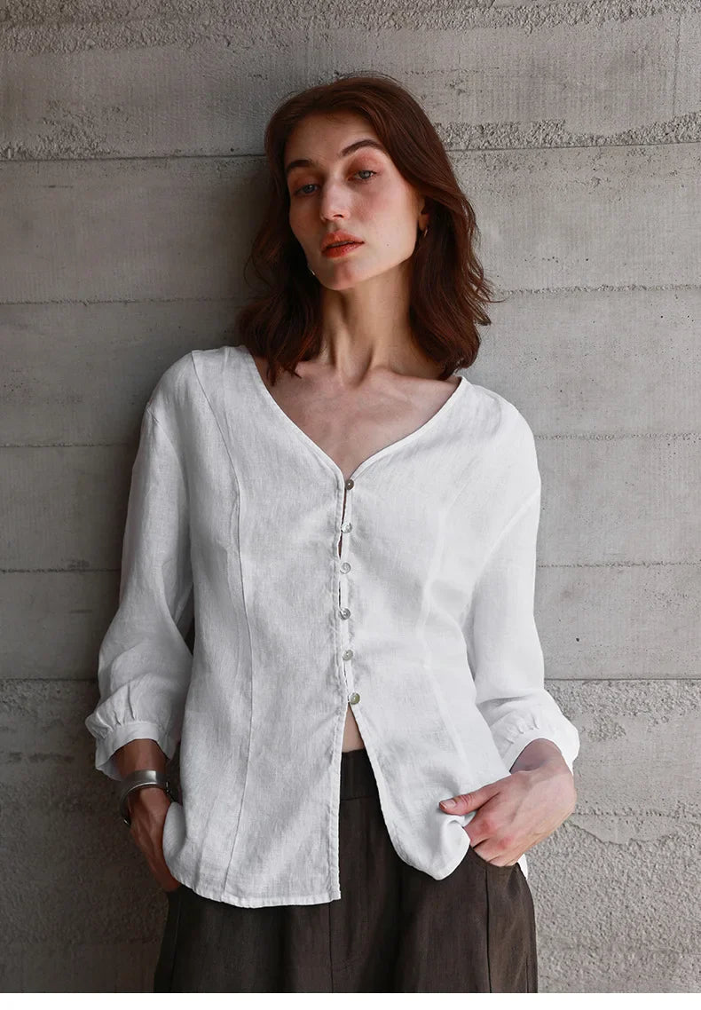 Duttini | Fitted V-Neck Linen Blouse for Women