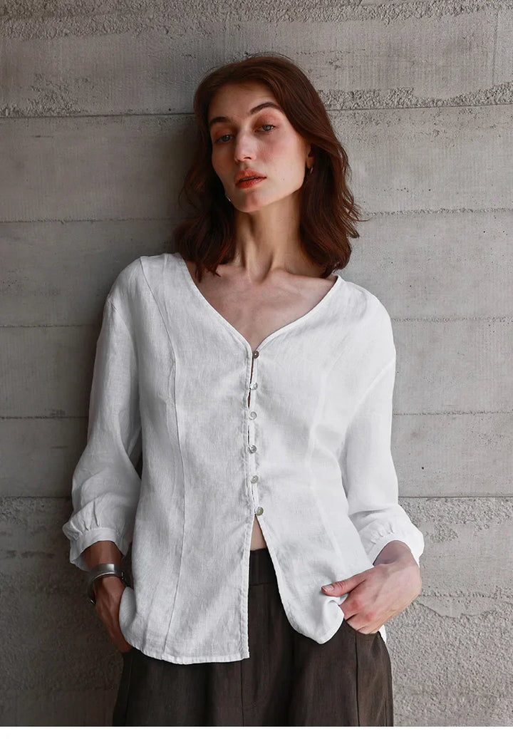 Duttini | Fitted V-Neck Linen Blouse for Women