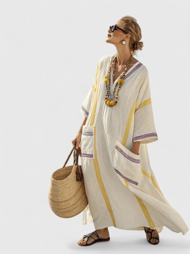 Duttini | Graceful V-Neck Kaftan Maxi Dress With Stripe Detail