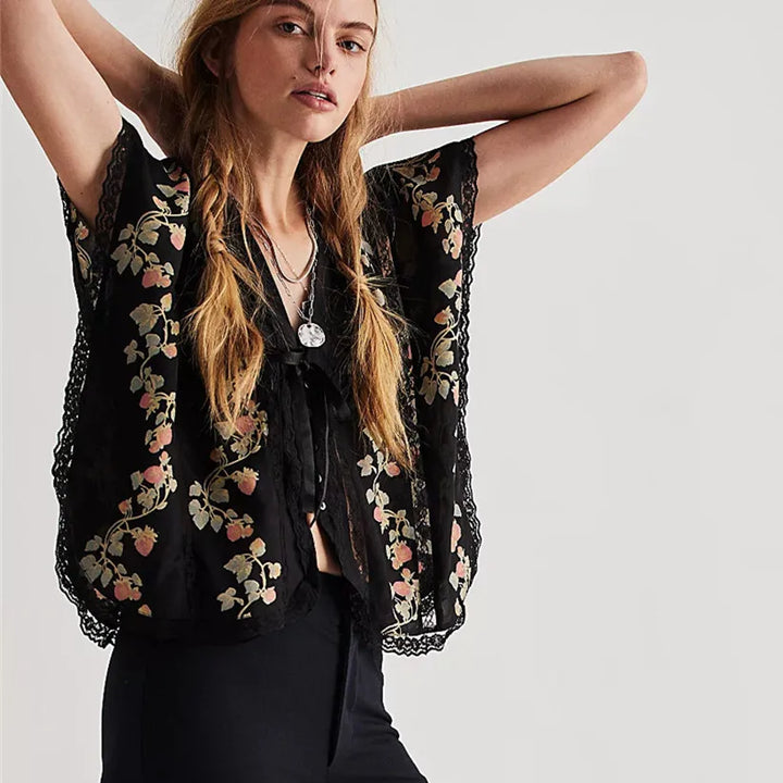 Duttini | Lace Trim Blouse for Women in Strawberry Color