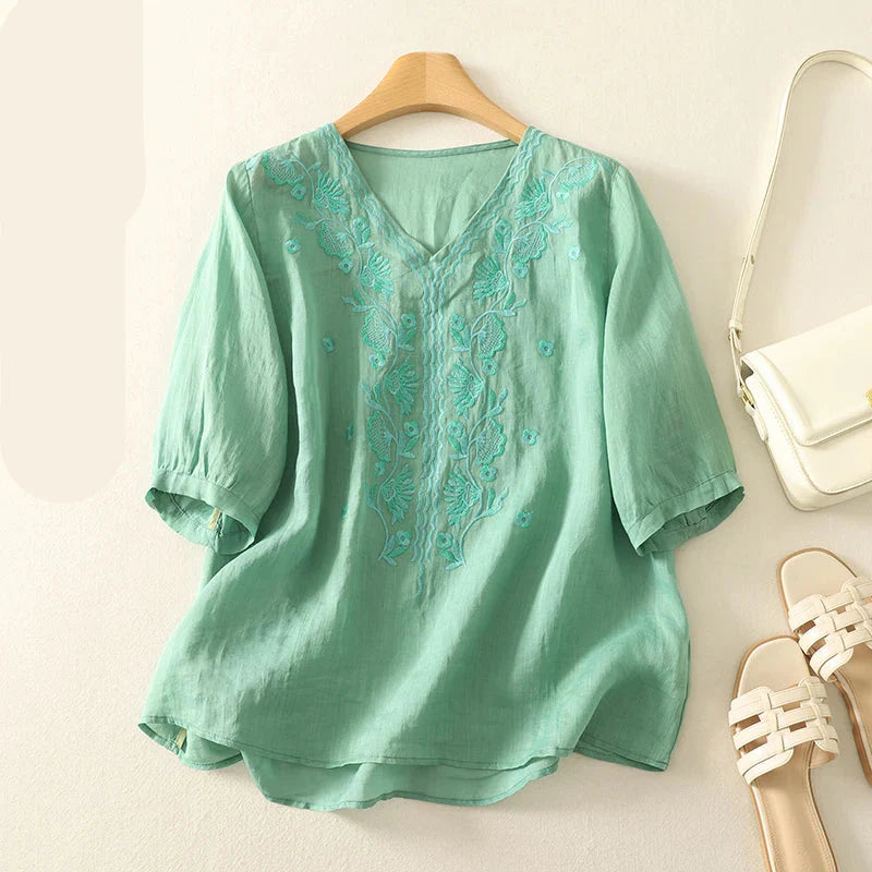 Duttini | V-Neck Cotton Blouse for Women in White