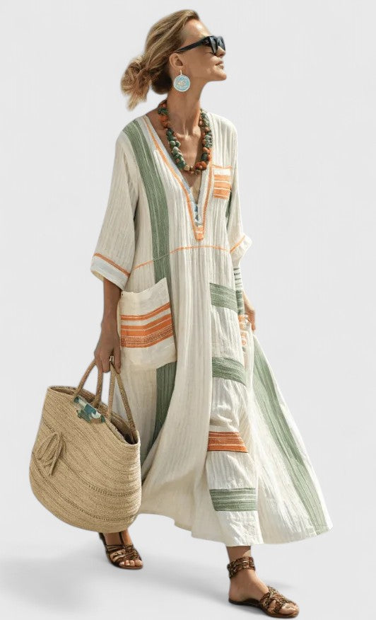 Duttini | Graceful V-Neck Kaftan Maxi Dress With Stripe Detail