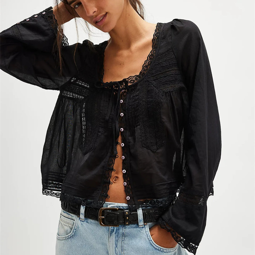 Duttini | Lace Trim Tie-Front Blouse for Women