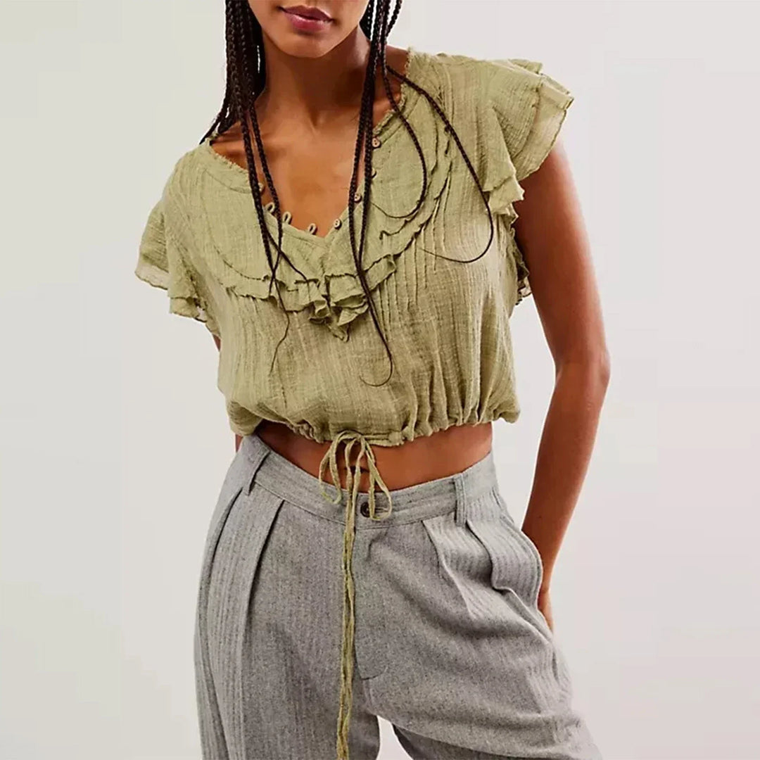 Duttini | Ruffle Front Gauze Crop Top for Women in White