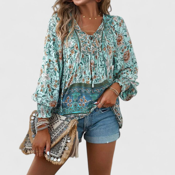 Duttini | Graceful Floral Boho Blouse V-Neck Puff Sleeve Top