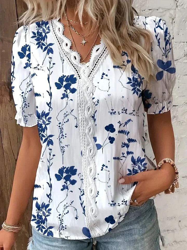 Duttini | Graceful Floral Lace V-Neck Blouse in a Flattering Cut