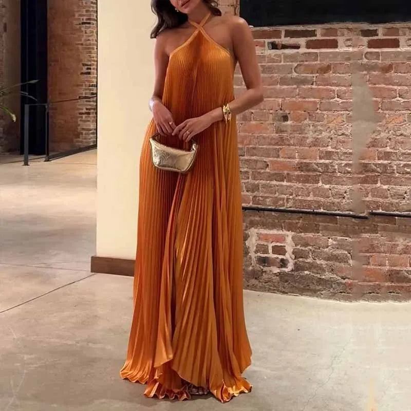 Duttini | Graceful Wedding Guest Pleated Halter Maxi Dress Evening