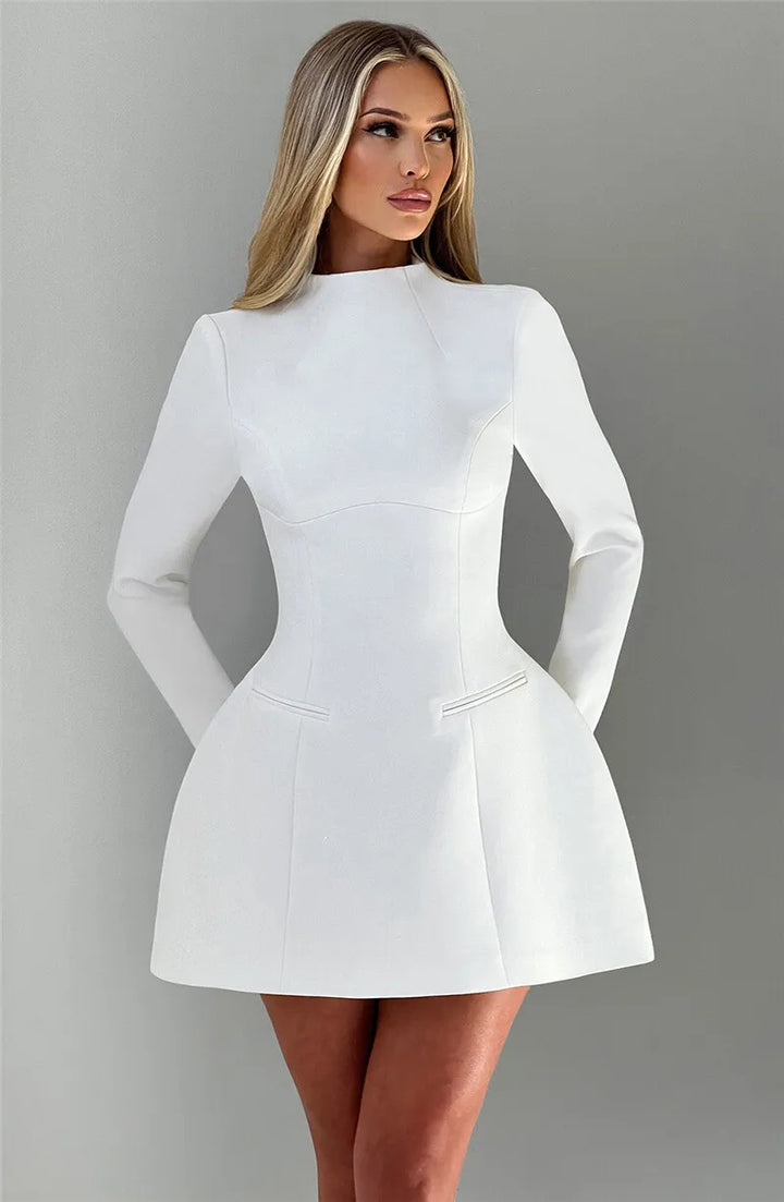 Duttini | White High Neck Long Sleeve Mini Dress