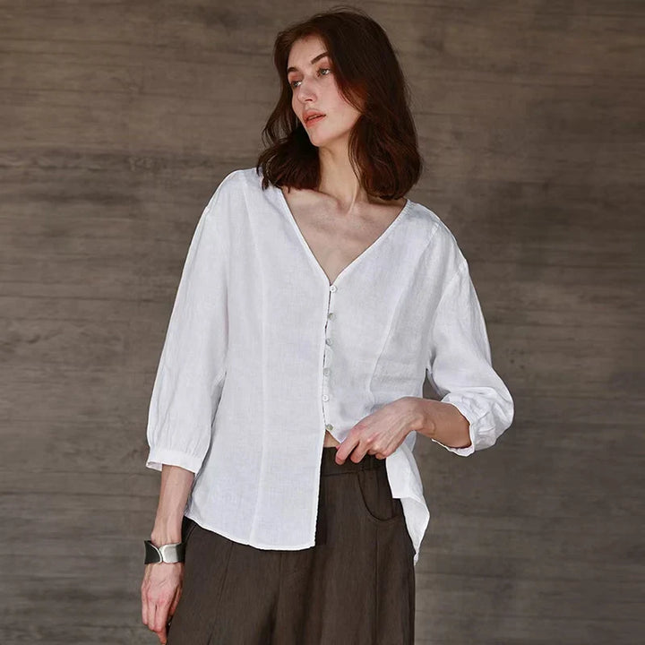 Duttini | Fitted V-Neck Linen Blouse for Women