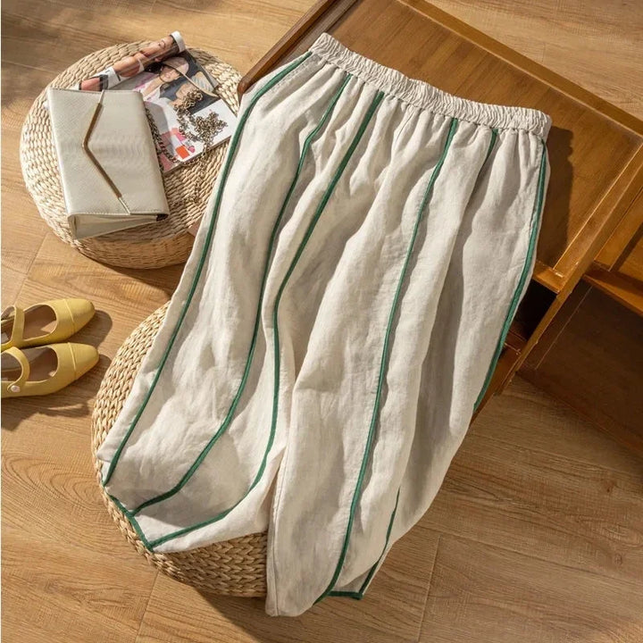 Duttini | Green Stripe Linen Wide Leg Pant