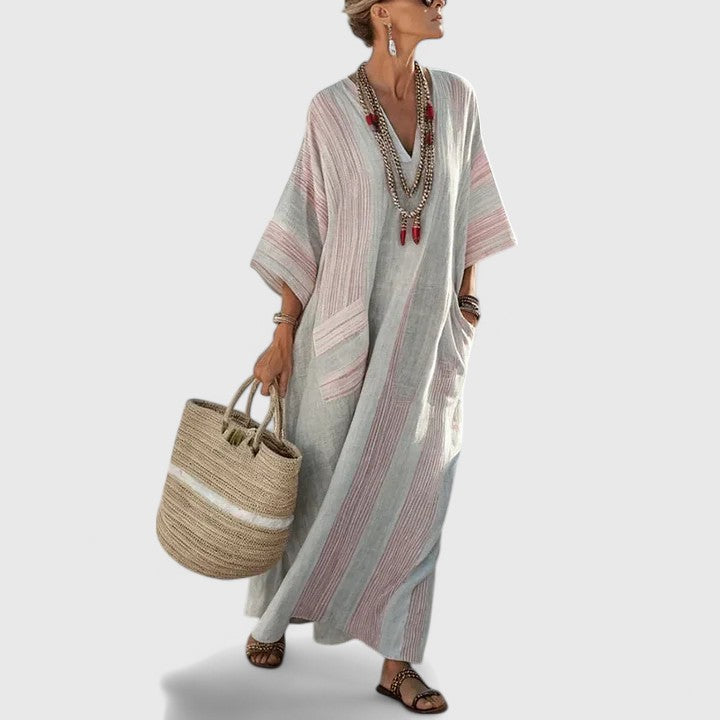 Duttini | Elegant V-Neck Striped Linen Maxi Dress With Pockets