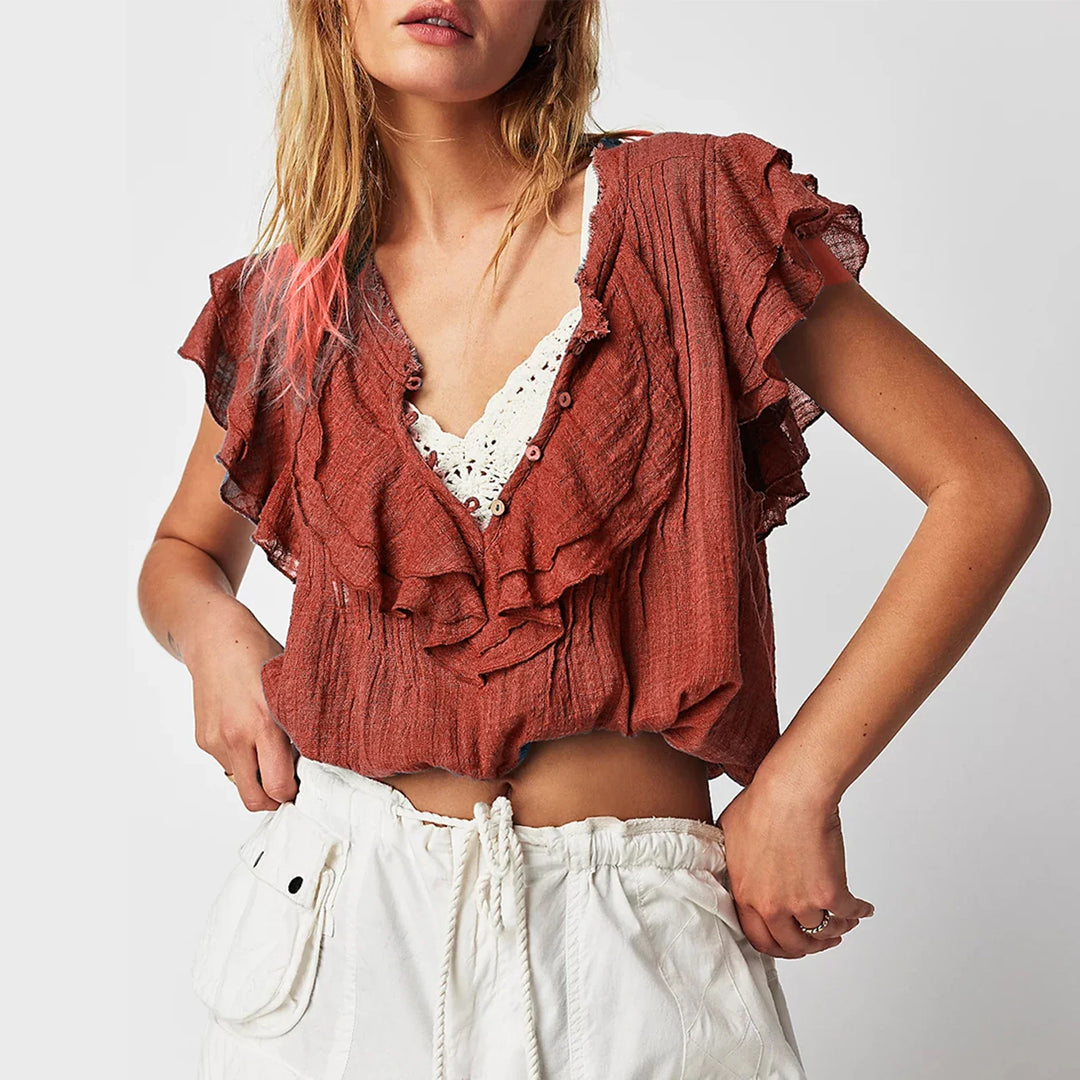 Duttini | Ruffle Front Gauze Crop Top for Women in White