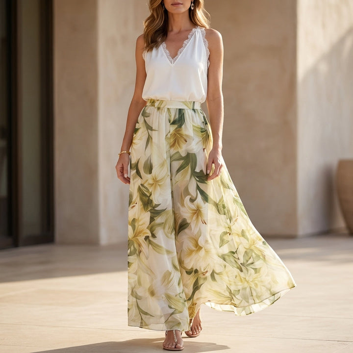 Duttini | Romantic Seaside Halter Top And Flowing Palazzo Pants Resort Set