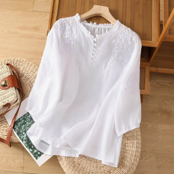 Duttini | Effortless Relaxed Floral Embroidered Blouse With Ruffled Neckline And Gathered Sleeves