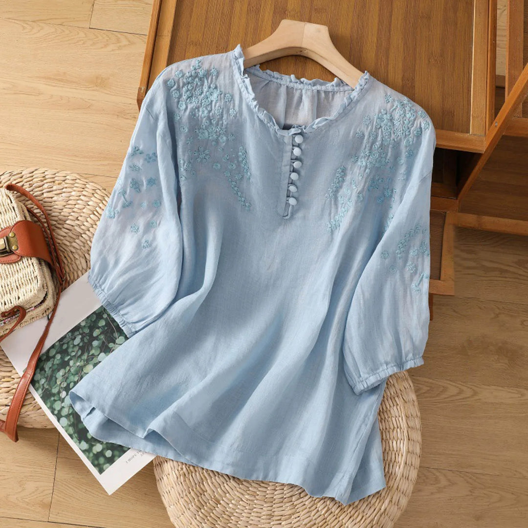 Duttini | Effortless Relaxed Floral Embroidered Blouse With Ruffled Neckline And Gathered Sleeves