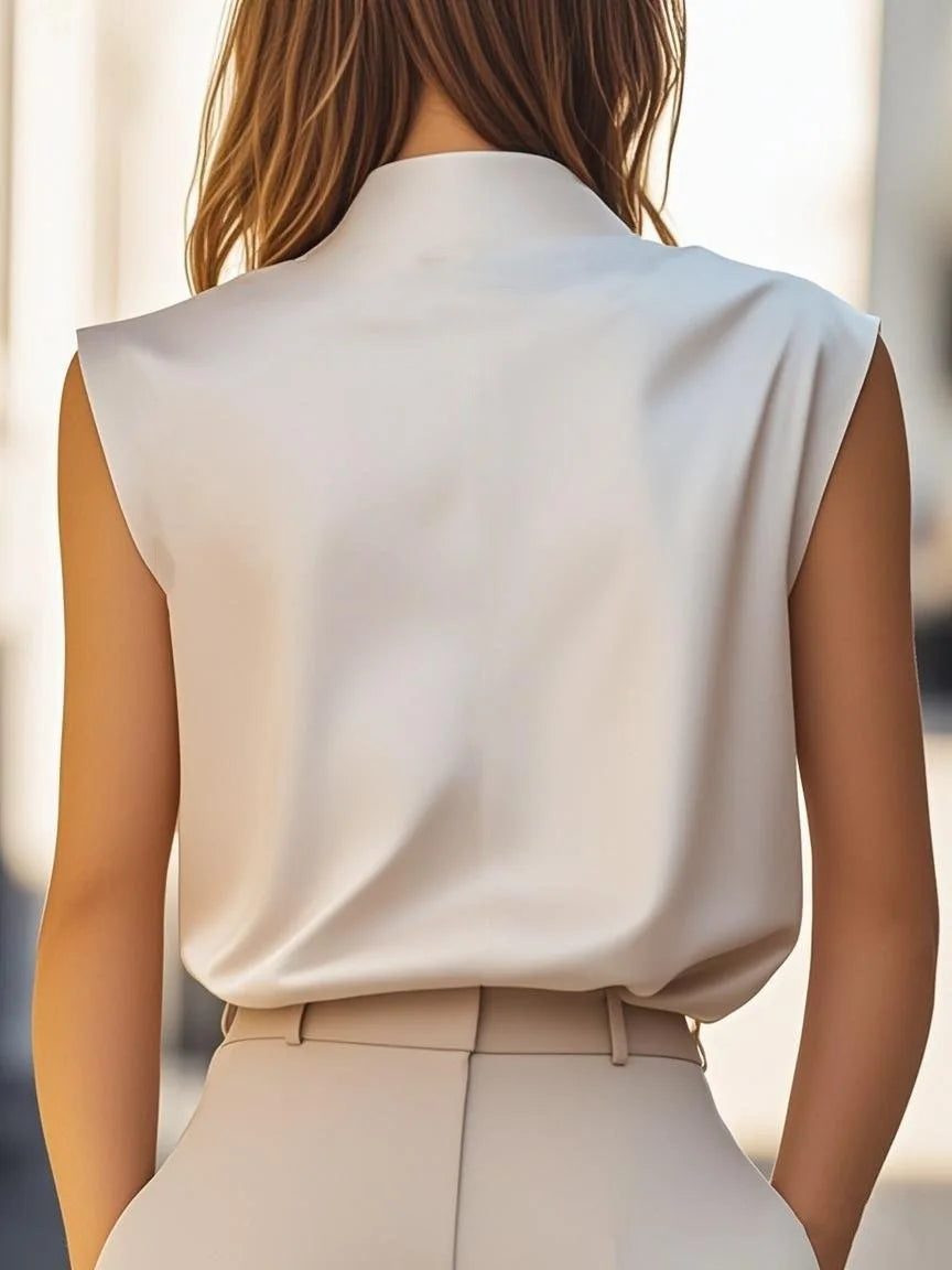 Duttini | Chic Luxurious Satin Sleeveless Blouse With Mock Neck And Shoulder Buttons