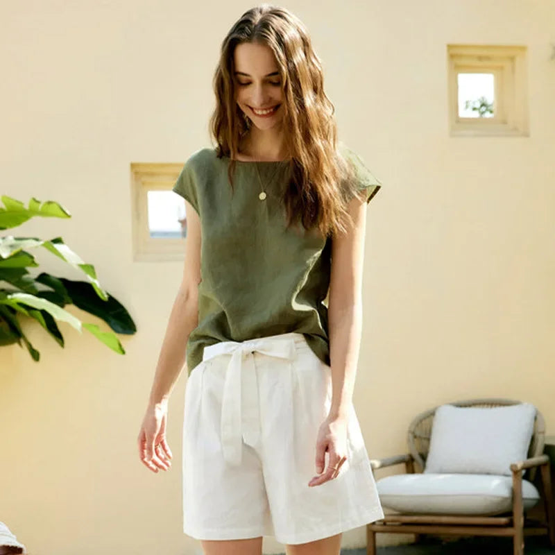 Duttini | Linen Tee for Women with Petal Sleeves in White