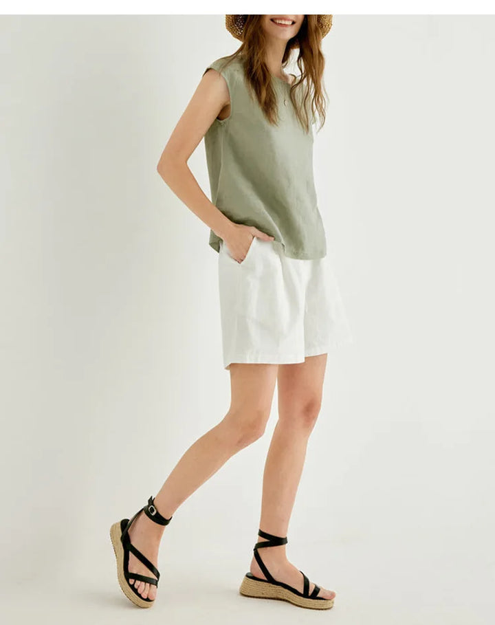 Duttini | Linen Tee for Women with Petal Sleeves in White
