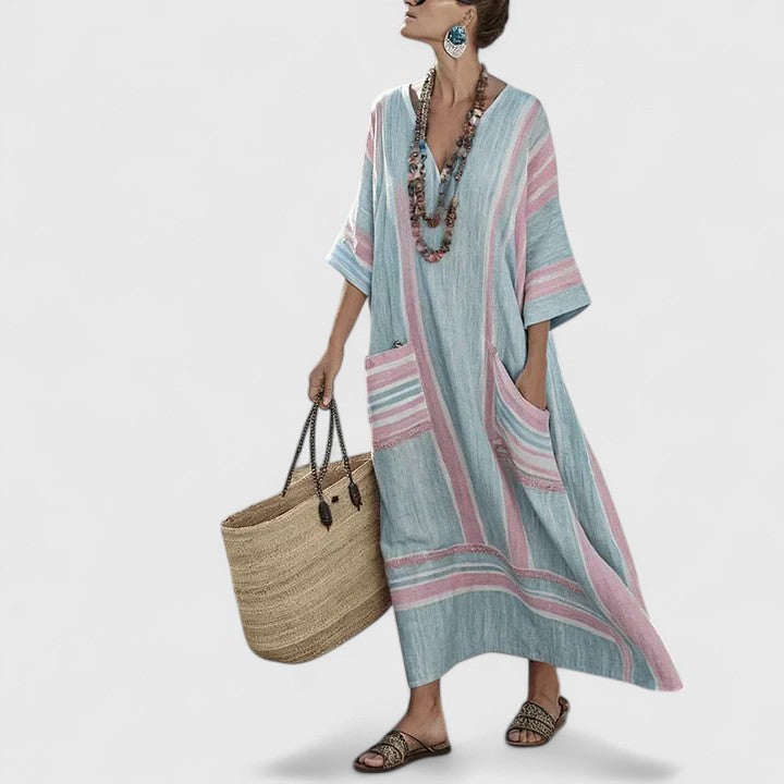 Duttini | Elegant V-Neck Striped Linen Maxi Dress With Pockets