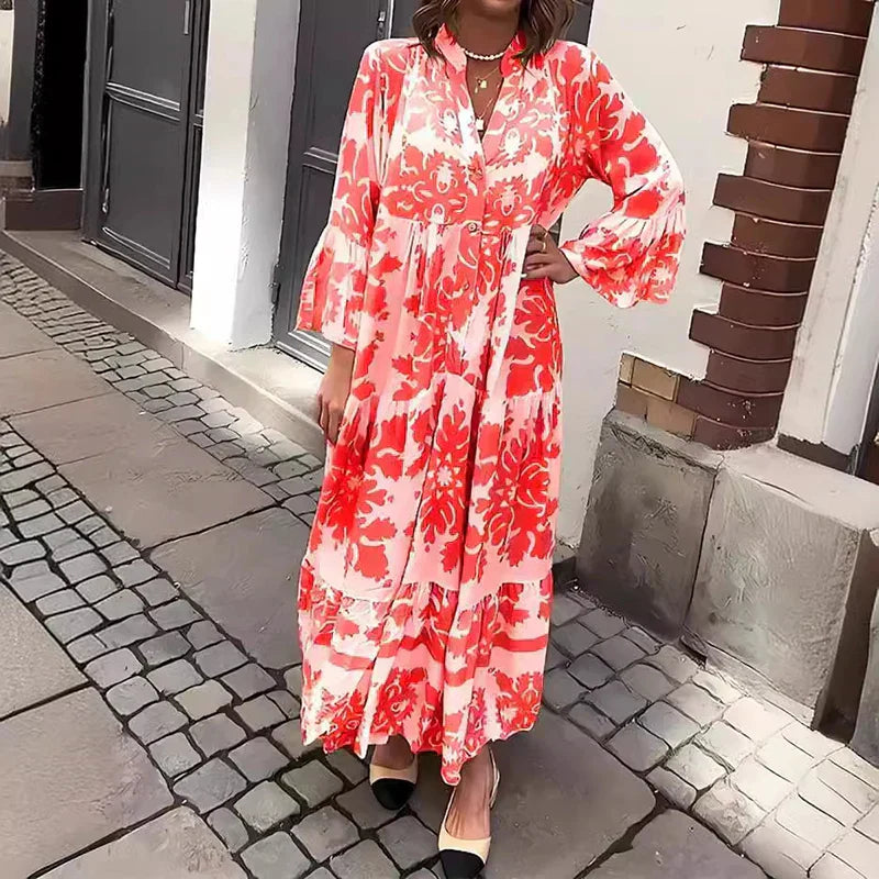 Duttini | Boho Flowy Printed Draped Maxi Dress Casual
