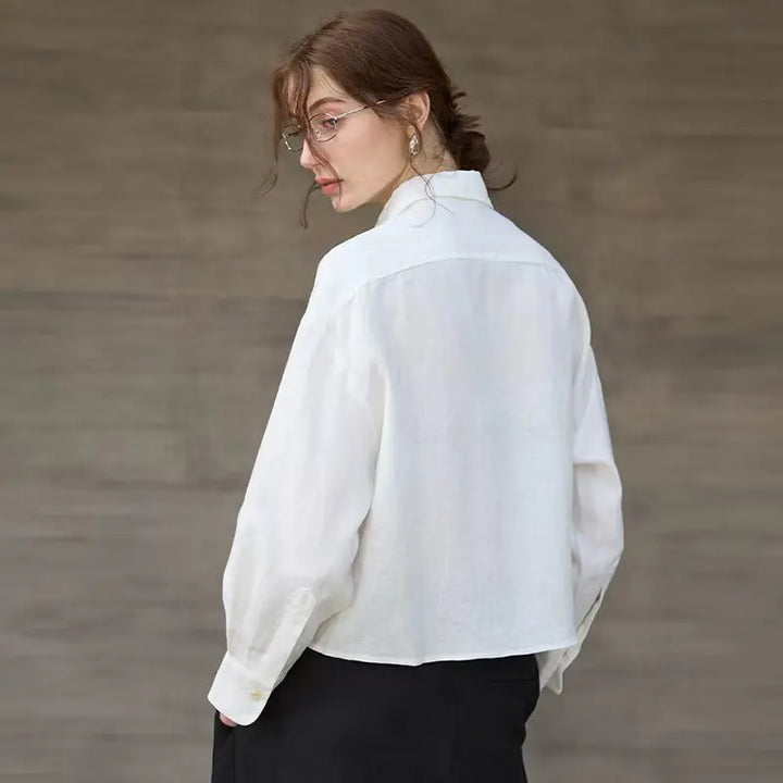 Duttini | Cropped Long Sleeve Linen Shirt for Women in White