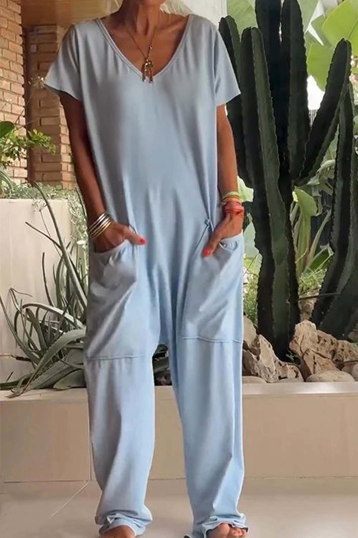 Duttini | Effortless V-Neck Short Sleeve Loose Jumpsuit With Pockets