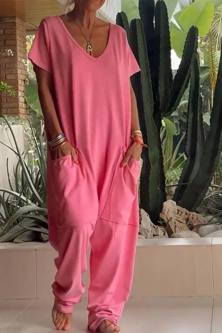 Duttini | Effortless V-Neck Short Sleeve Loose Jumpsuit With Pockets