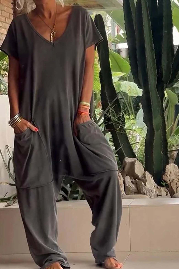 Duttini | Effortless V-Neck Short Sleeve Loose Jumpsuit With Pockets